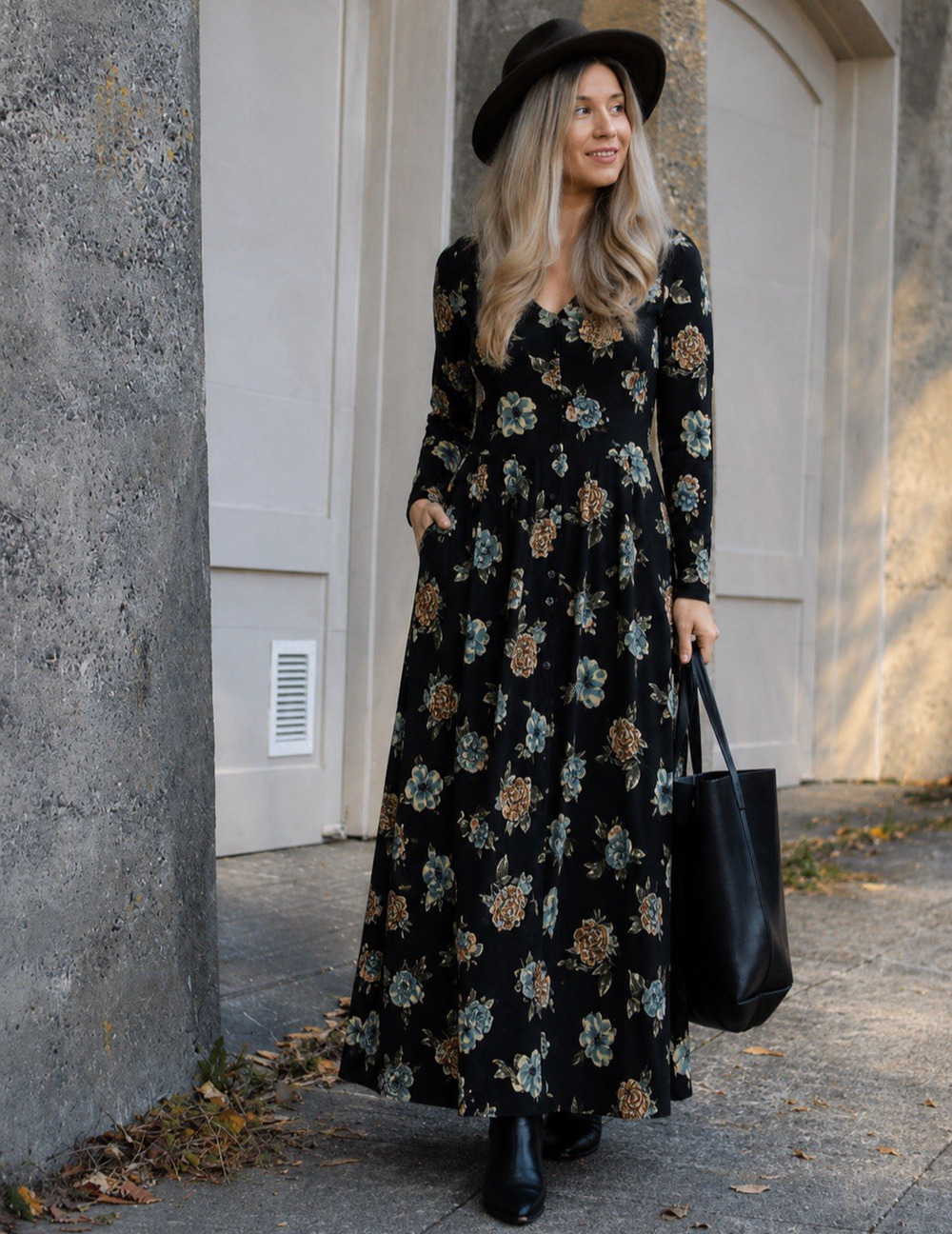 VTG 90s Darian Floral Maxi Dress Black Button Front Rayon Grunge Cottagecore 14